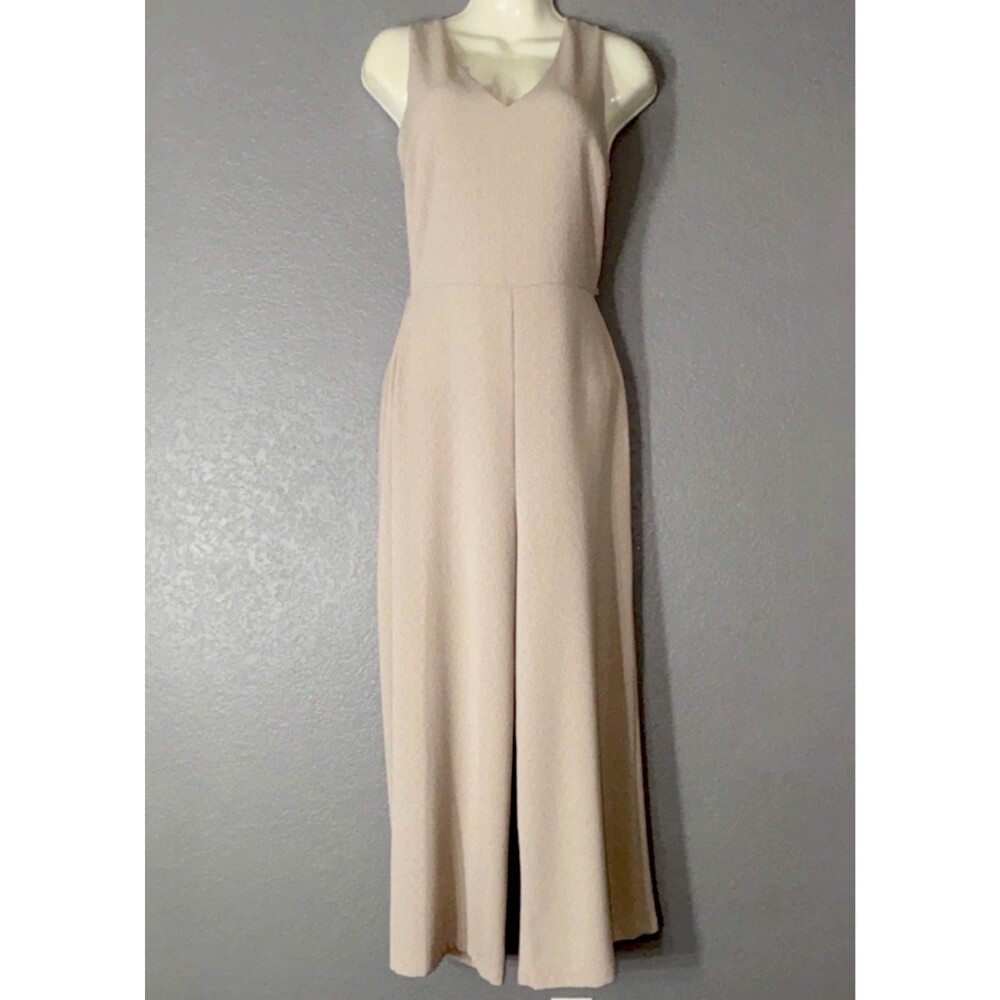 Beige Sleeveless Tie Back Wide-Leg Jumpsuit V-Neck Women's One-Piece